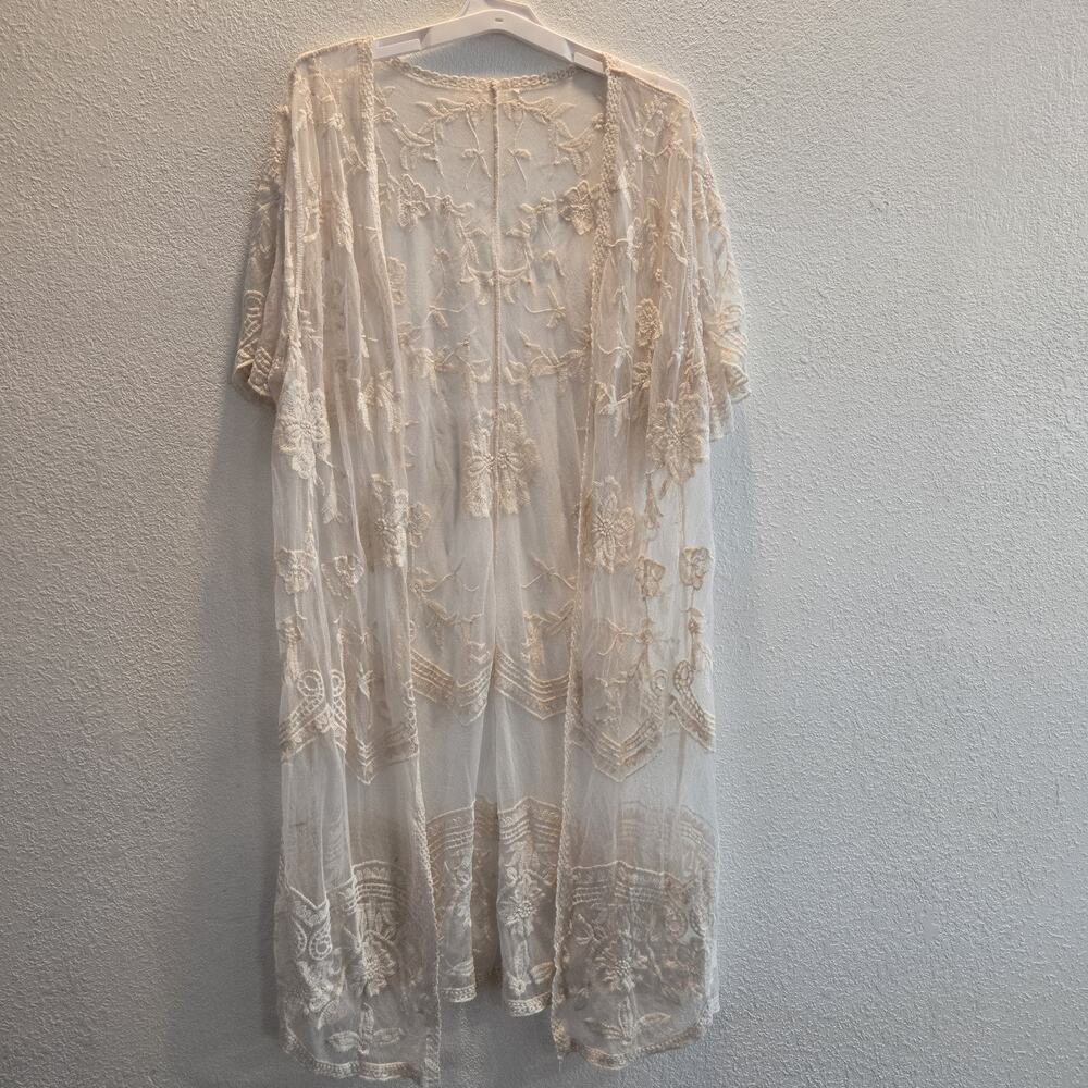 Plus Size 2X Cream Embroidered Lace Kimono Sheer Floral Boho Duster Cardigan